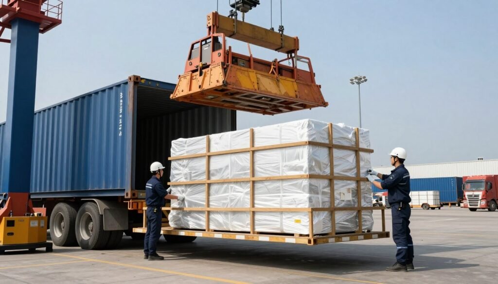 Shipping container being loaded with industrial feed production equipment Shipping container being loaded with industrial feed production equipment
