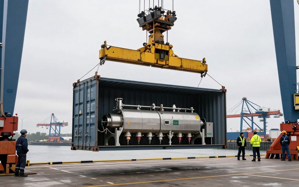Shipping container with fish feed production equipment at UK port Shipping container with fish feed production equipment at UK port
