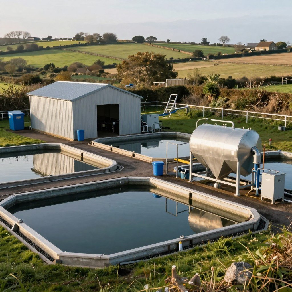 Small UK fish farm with modest production facilities showing appropriate scale equipment