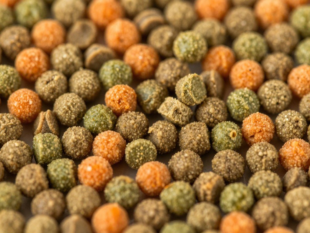 Small batch ornamental fish feed production showing colorful pellets