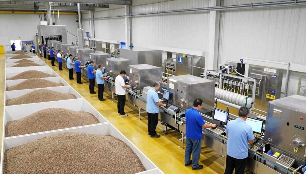 Successful UK fish feed production facility showing modern equipment in operation
