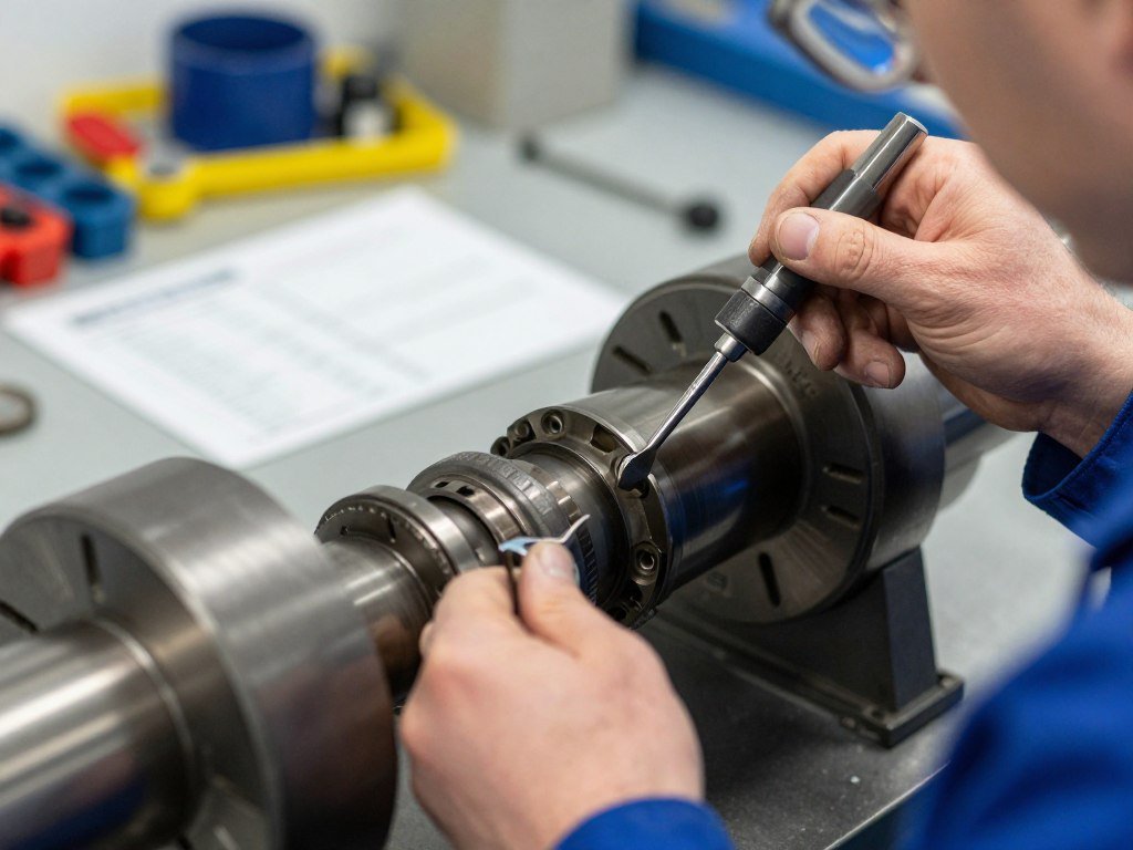 Technician performing maintenance on pellet mill die and rollers