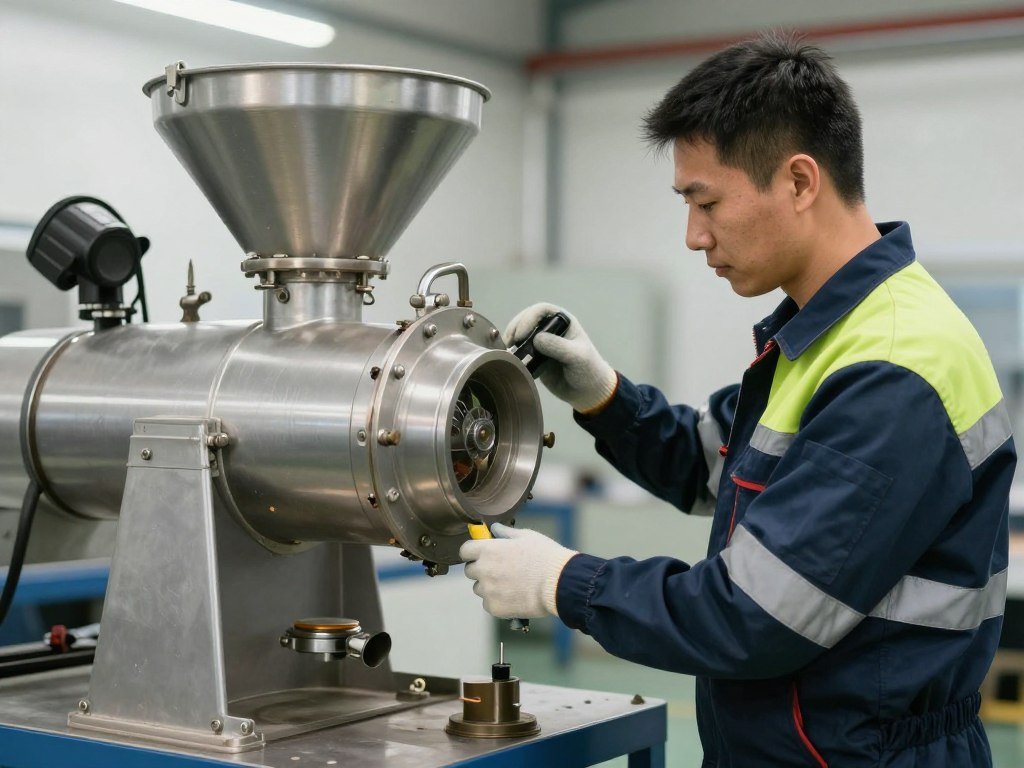 Technician performing preventive maintenance on feed pellet production equipment Technician performing preventive maintenance on feed pellet production equipment