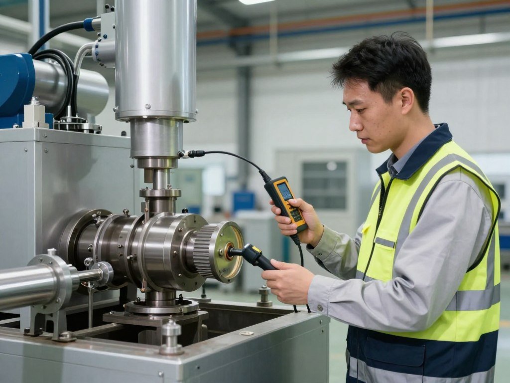 Technician performing vibration analysis on pellet mill