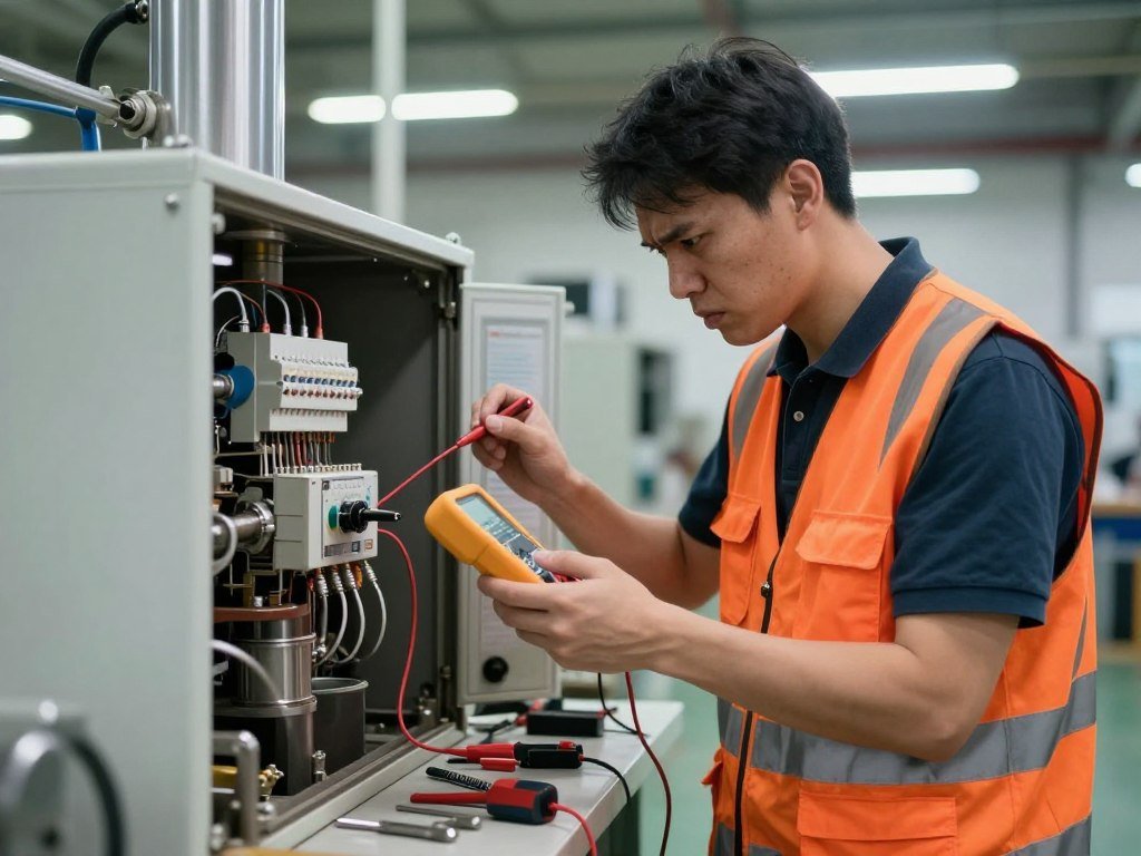 Technician troubleshooting feed pellet machinery issues