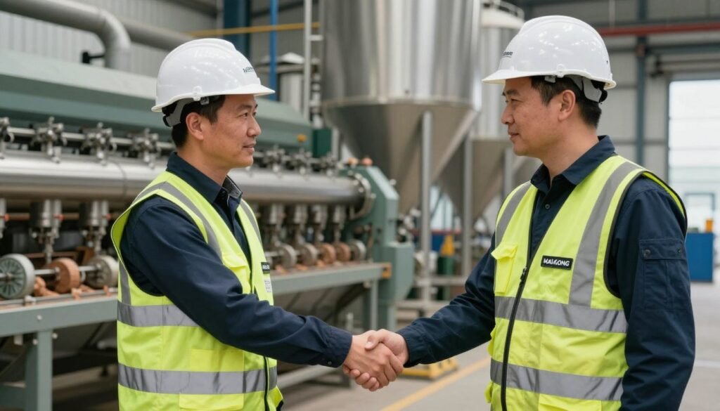 UK customer shaking hands with MAIKONG representative in factory