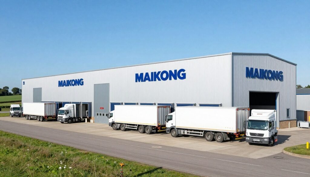 UK poultry feed production facility exterior with delivery trucks