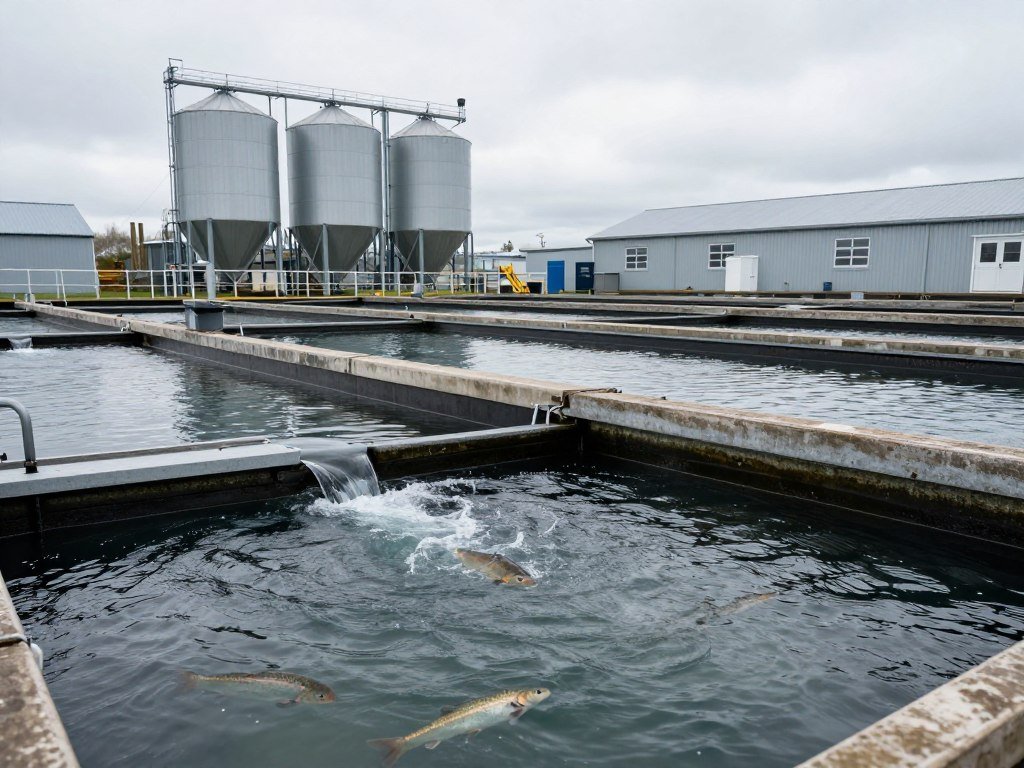 UK trout farm with fish ponds and feed storage facilities